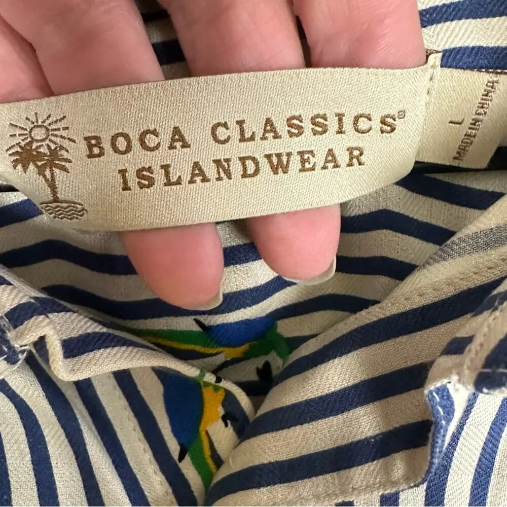 Boca Classics Silk Shirt Beige Blue Striped Parrot Vacation‎ Novelty Tropical L